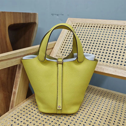 Top Layer Cowhide Leather Handbag European Sle Buet Bag Fre Vegetable Basket Ladies Handbag Soft Handle Casual Faion