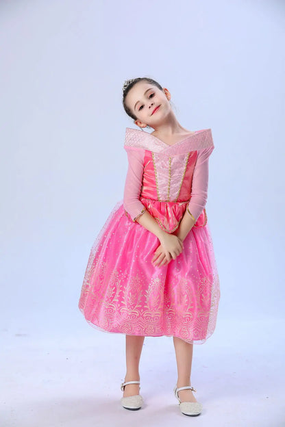 Sleeping Beauty Aurora Princess Dress Cosplay Off Shoulder Kids Gifts Fancy Halloween Party Girl Baby Lace Dress Set