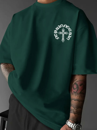 Men's Gothic Streetwear T-Shirt Ornate Cross & Circle Script Graphic Print Crew Neck Short Sleeve Polyester Tops S-XXL