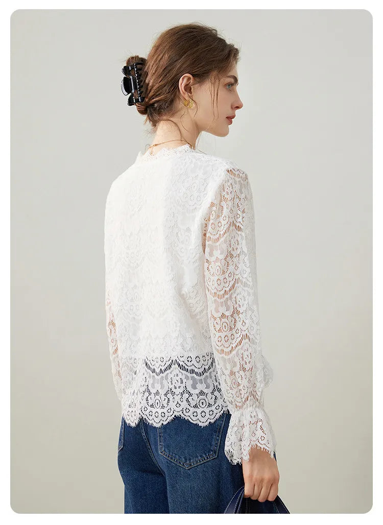2025 Spring Elegant Hollow Lace Shirt Fashionable Pullover Shirt V-neck Long Sleeve Hooded Women's Shirt