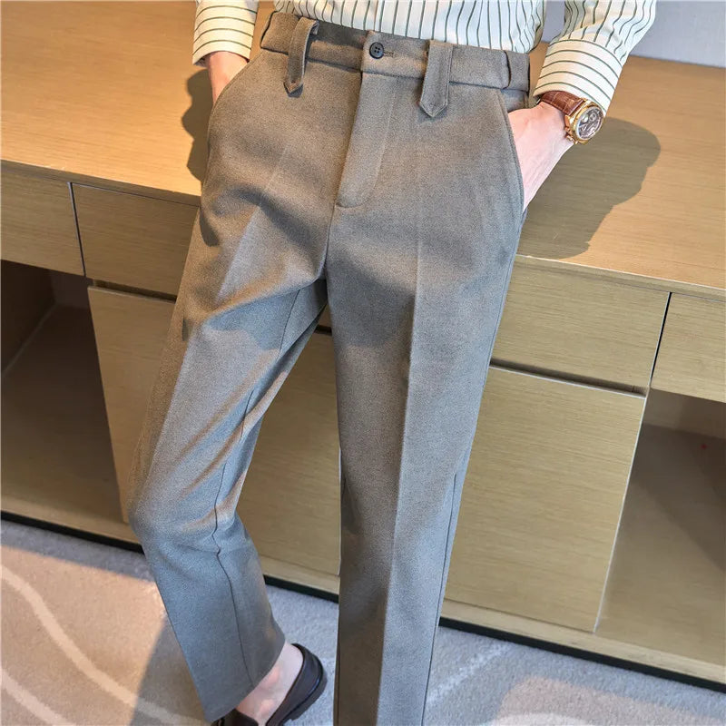 Autumn Winter High Quality Men's Wool Blends Suit Pants Solid Striped Smart Casual Slim Fit Suit Trousers Men Woolen Dress Pants