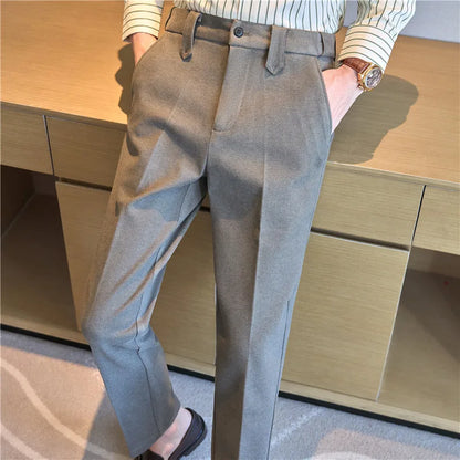 Autumn Winter High Quality Men's Wool Blends Suit Pants Solid Striped Smart Casual Slim Fit Suit Trousers Men Woolen Dress Pants