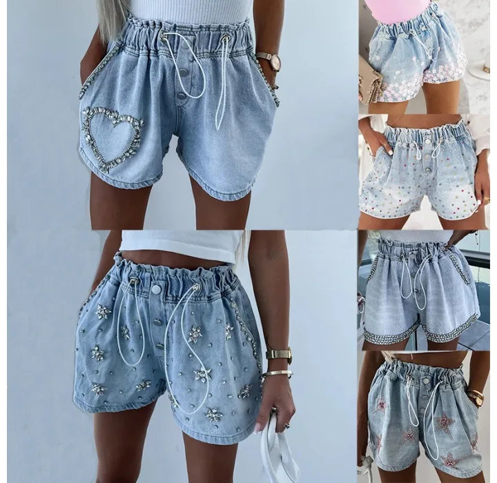 Denim Shorts for Women Streetwear Fashionable and Casual Rhinestone Versatile Y2k Cowboy Half Pants for Female Summer 2024 New