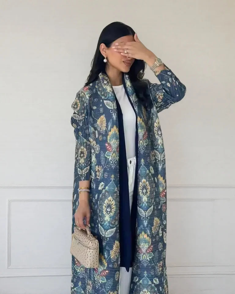 Women's Fold Miyake Pleated Abaya Long Sleeve Print Foldable Collar Robe Cardigan Coat New Winter Fashion Original Design 2026