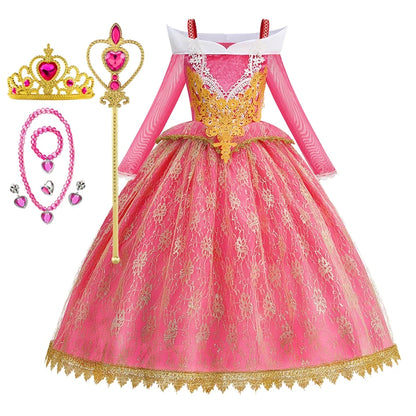 Girls Princess Costume Aurora Vestidos Cosplay Dress Girls Halloween Carnival Birthday Outfit Party Ball Gown