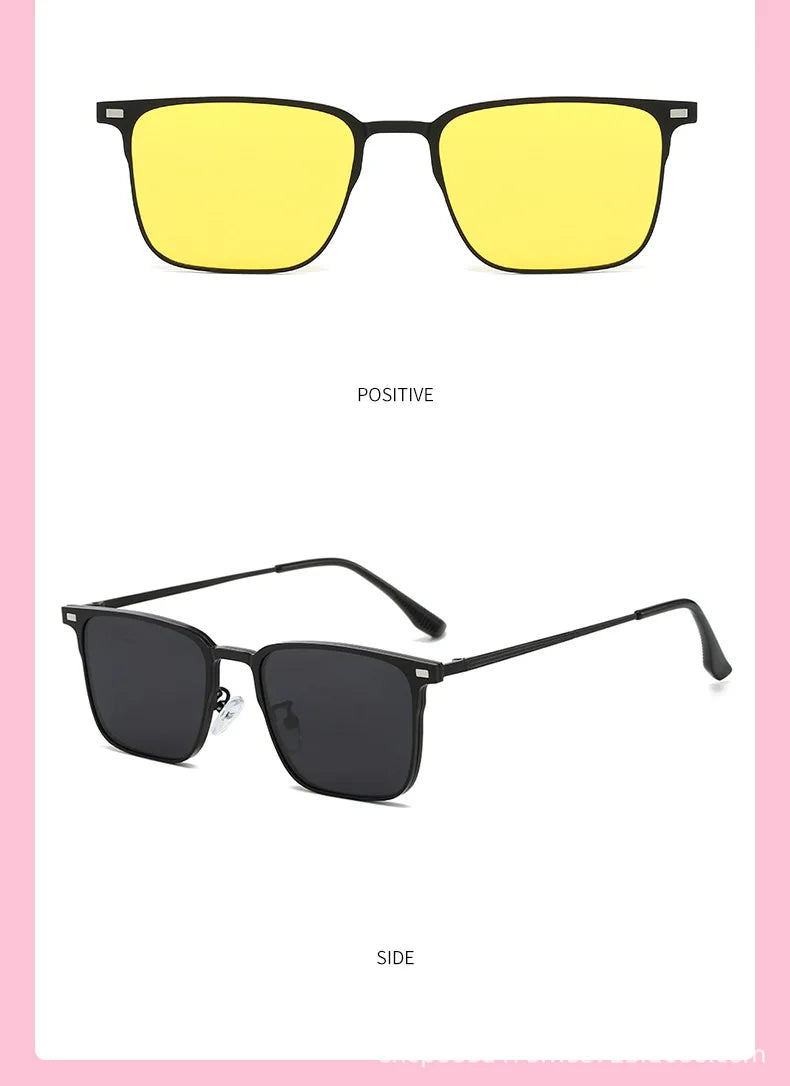 Fashion Square Metal Frame 3 in 1 Magnet Clip On Glasses Polarized Sunglasses Man Night Vision Clip Anti Blue Light Glasses