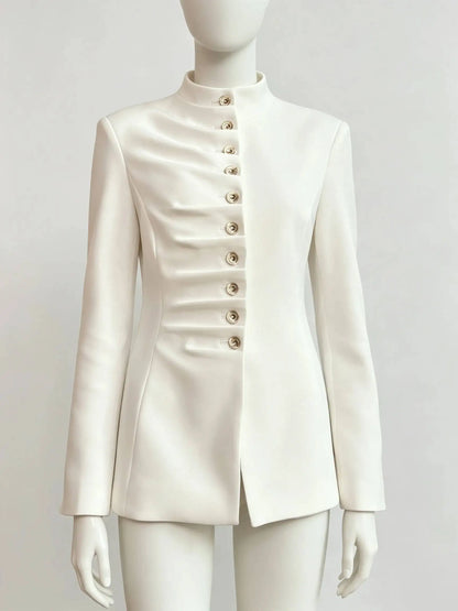Women 2026 Spring Autumn Mandarin Collar Blazer Ruched Front Multi Row Buttons Long Sleeve Fit Formal Office Outerwear Coat