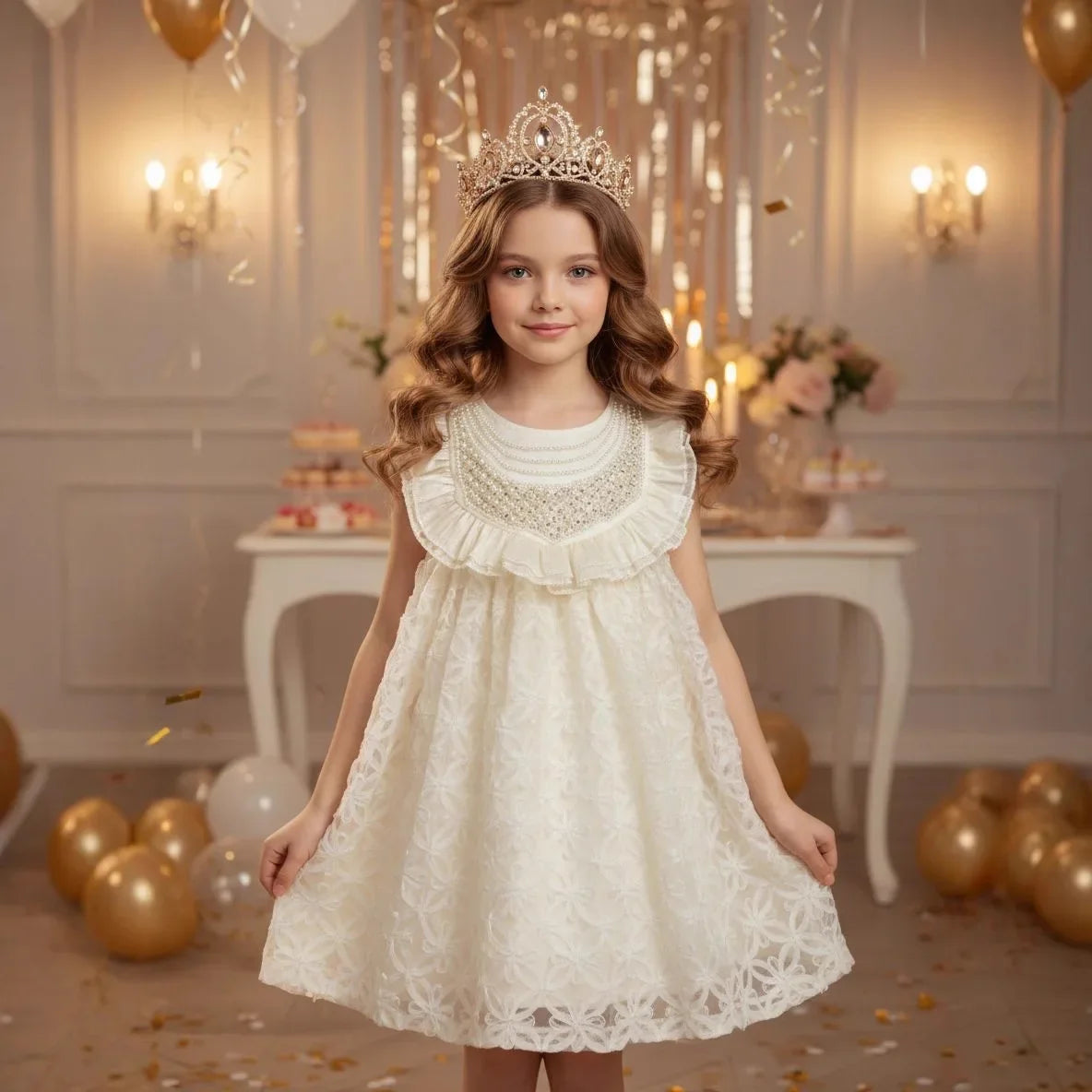 Lace Pearl Decoration Dress Girls Prom Tutu Dress Sleeveless Teen Kids Princess Dress Summer Party Lolita Dress For 2-10 Years