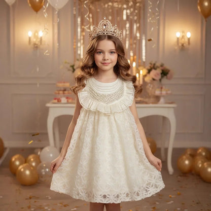 Lace Pearl Decoration Dress Girls Prom Tutu Dress Sleeveless Teen Kids Princess Dress Summer Party Lolita Dress For 2-10 Years