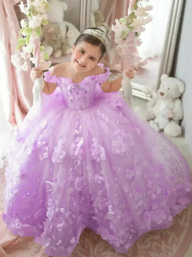 Pink 3d Applique Flower Girl Dress For Wedding Off Shoulder Luxurious Pearls Tulle Child First Eucharistic Birthday Party Dress