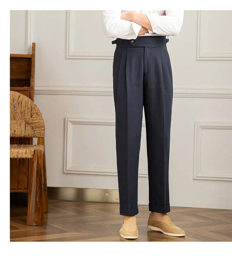 Three Gentleman Summer Naples Casual Straight Pants Men's Commuting Cotton and Linen Comfortable Breathable High Waist Pants