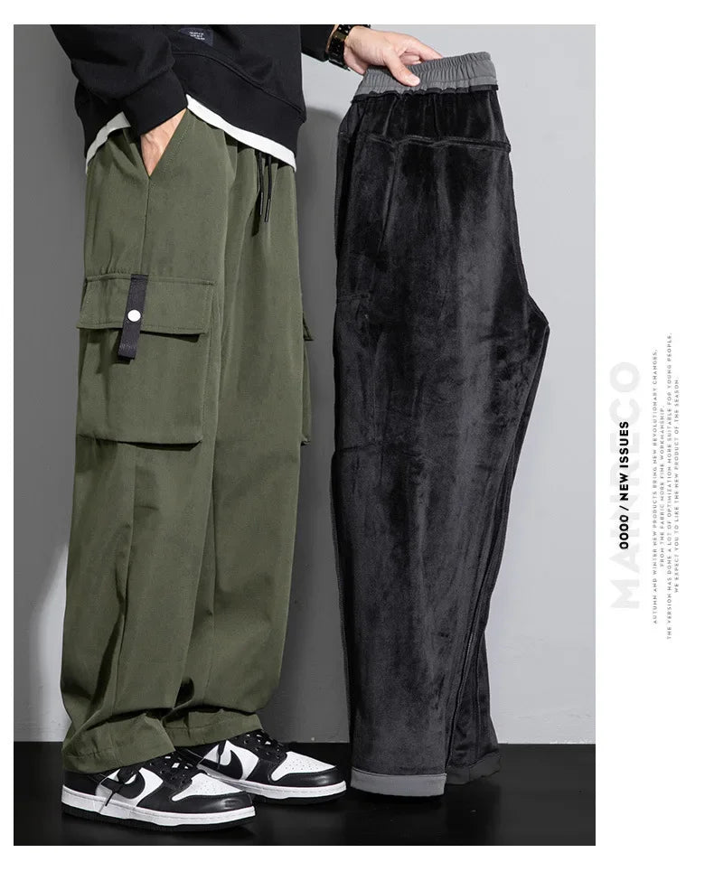 2026 Cargo Pants Men Straight Fit Wide Leg Fleece Lined Trouser Male Winter Fashion Loose Baggy Large Plus Size Warm Streetwear