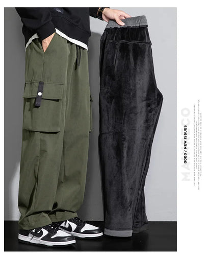 2026 Cargo Pants Men Straight Fit Wide Leg Fleece Lined Trouser Male Winter Fashion Loose Baggy Large Plus Size Warm Streetwear