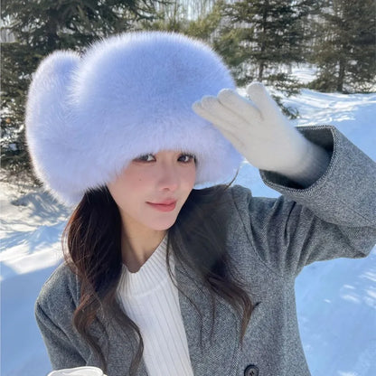Winter Warm Real Fox Fur Hat Ear-Protecting Hats Women's Genuine Leather Windproof Fox Fur Bomber Hat Thickened Sheepskin Cap