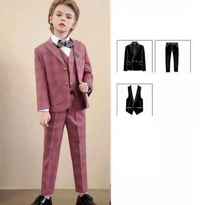 Children Red Jacket Vest Pants 3PCS Photograph Suit Boys Wedding Dress Prince Kids Tuxedo Set Teenager Birthday Party Costume