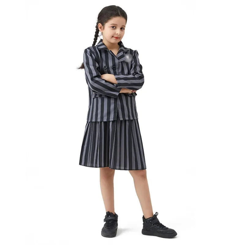 Girl Addams Family Halloween Cosplay Costume Girls Gray Purple Wednesday Addams Uniform Suit Skirts Wig Hand Wednesday Clothes
