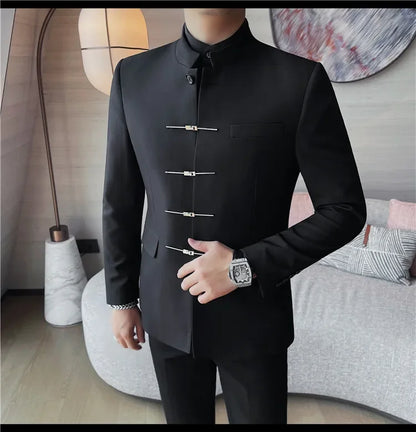Chinese Style Stand Up Collar Suit Jacket for Men High Quality Mens Slim Fit Casual Social Wedding Dress Coat Men's Clothing