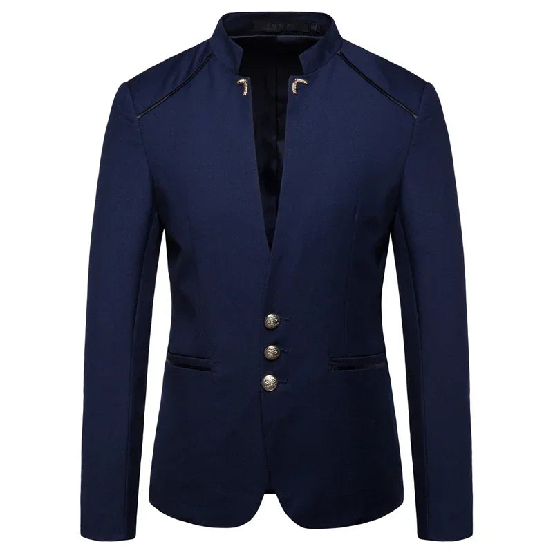 Black Stand Up Collar Blazer Coat, Men's Wedding Party Dress Jacket Fashion Slim Fit Single Breasted Jaqueta, Asian Size M-5XL