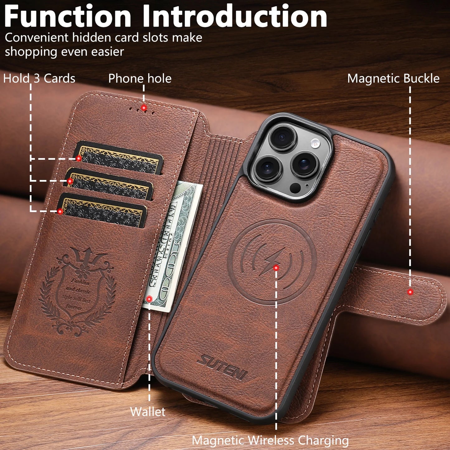 Faux Leather Wireless Charging Card Holder Stand Wallet Magnetic Flip Cover Phone Case For iPhone 17 Pro Max 16 Plus 15 14 13