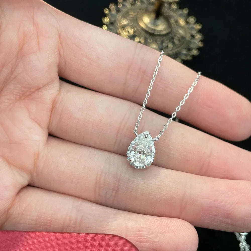 Certified 1/2 Carat Pear Cut Moissanite Pendant Necklaces 925 Sterling Silver Tear Drop Halo Diamond Neck Chain for Women