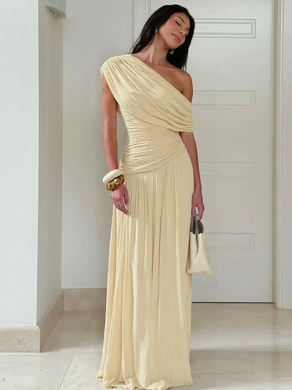 One Shoulder Ruched Sleeveless Solid Pleated Sexy Irregular Y2K Maxi Dress Summer Elegant Party Women Clothes Vacation