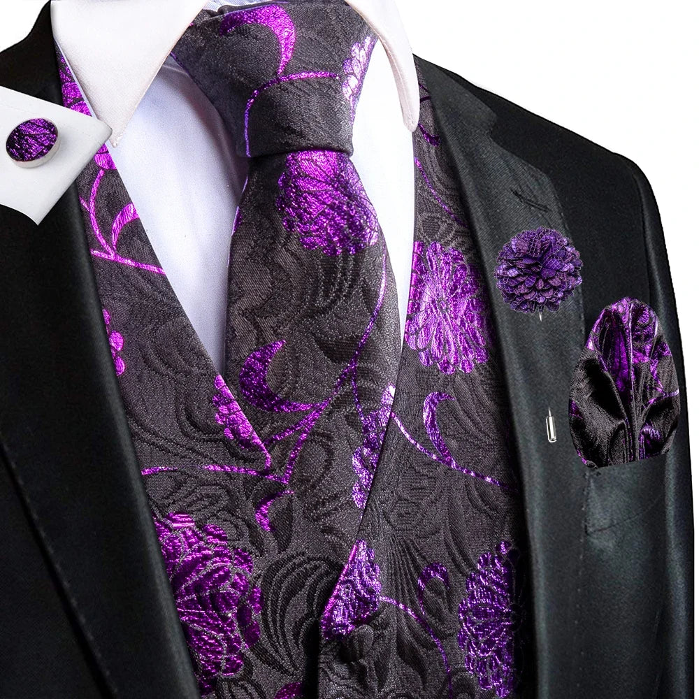 Navy Blue Mens Silk Vests Business Paisley V-Necl Waistcoat Tie Hanky Cufflinks Brooch Set for Men Suit Wedding Formal Hi-Tie