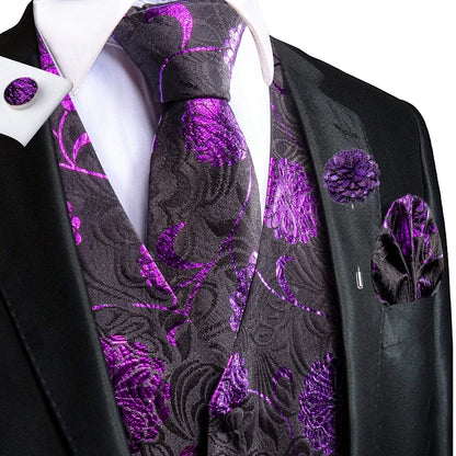 Navy Blue Mens Silk Vests Business Paisley V-Necl Waistcoat Tie Hanky Cufflinks Brooch Set for Men Suit Wedding Formal Hi-Tie
