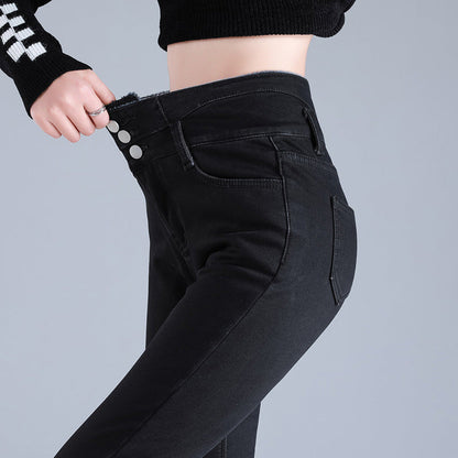Women Thermal High Waist Jeans Winter Snow Warm Plush Stretch Jeans Lady Skinny Thicken Students Denim Pants Fleece Fur Trousers