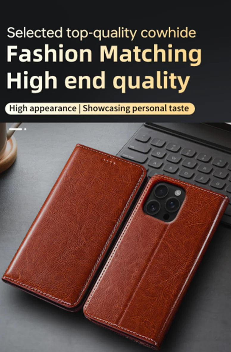 Crazy Horse Genuine Leather Flip Case For Apple iPhone 12 13 14 15 16 16e 17 Pro Max Plus Mini Air Phone Cover Card Cases