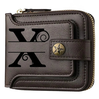 Men's Custom Wallet - Personalized Artificial Leather Men's Engraved Name and Letter Wallet, Father's Day Dad Gift, Brown