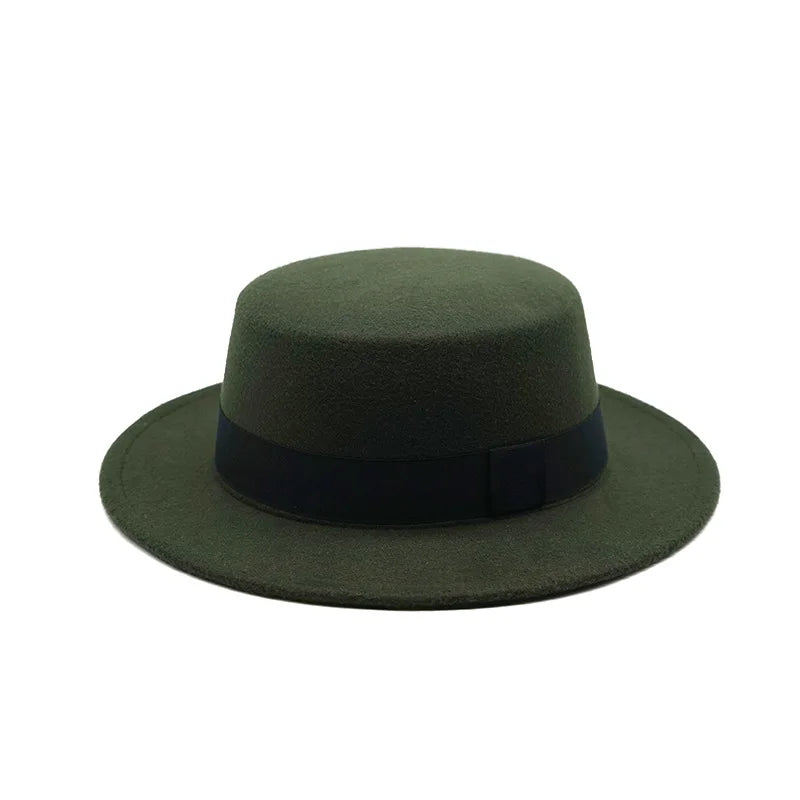 Black Ribbon Flat Top Hat British Retro Style Unisex Wool Fedora Winter Warm Hat