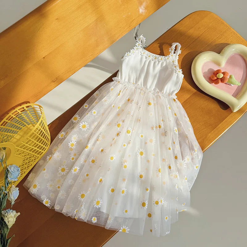 Girls Casual Dresses Little Daisy Flower Mesh Dress for Girls Summer Camisole Pompadour Dress Girls Clothes for2 To 7 Years