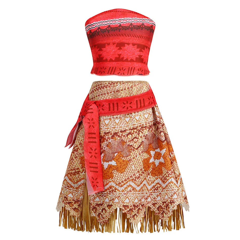 Girls Moana Princess Dress for Kids Carnival Cosplay Vaiana Costume Children Birthday Party Headwear Necklace Flower Clothes Set