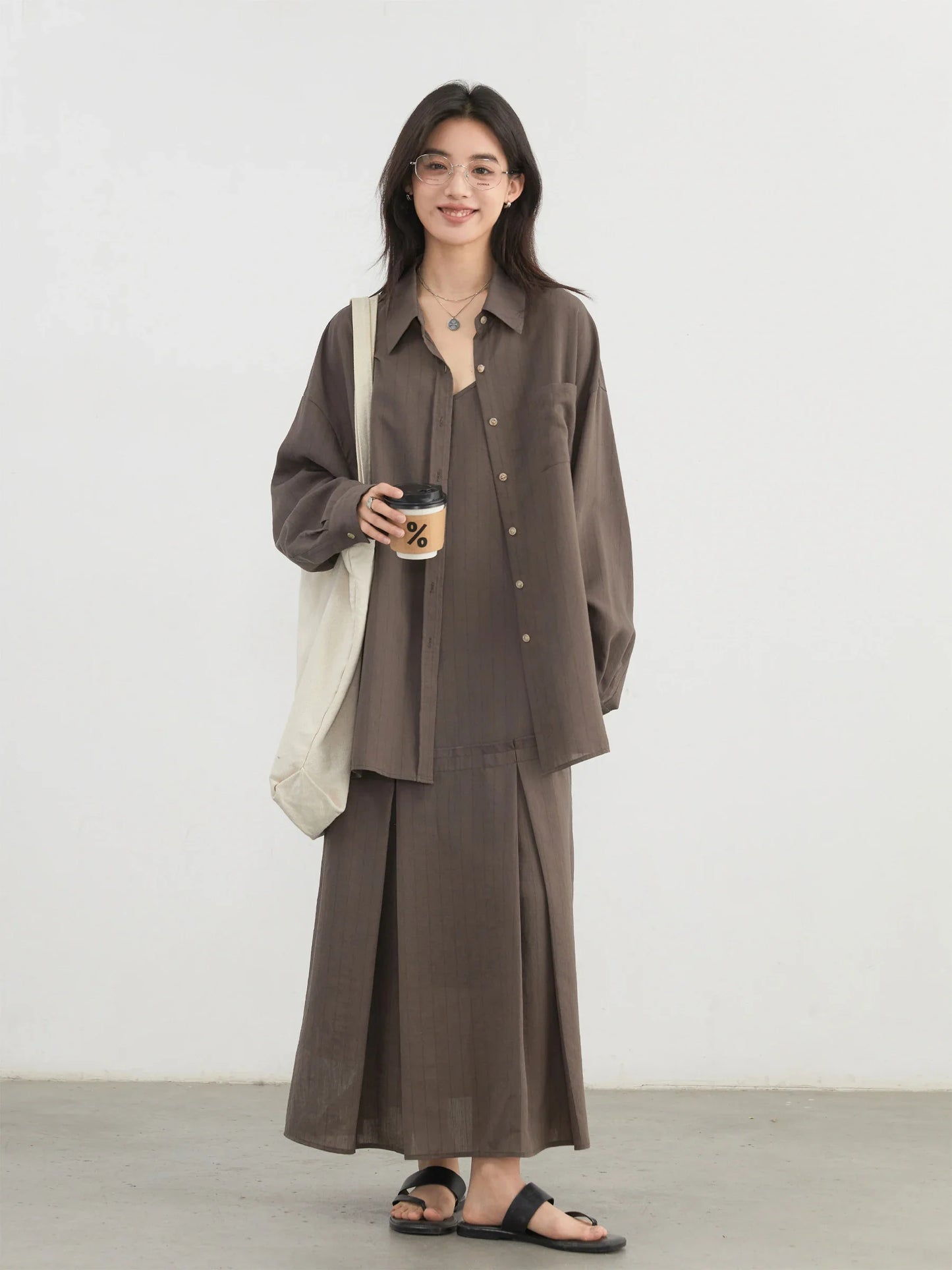 Women Dress Sets Stripe Shirt Loose Casual Long Sleeve Sunscreen Blouses Camisole V-neck Dresses Spring Autumn 2025