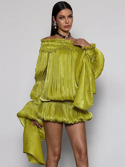 Lime Green Off-shoulder Pleated Short Dress Chic Smocked Waist Bubble Vistidos Women's Tiered Full Sleeve Beach Club Party Gown