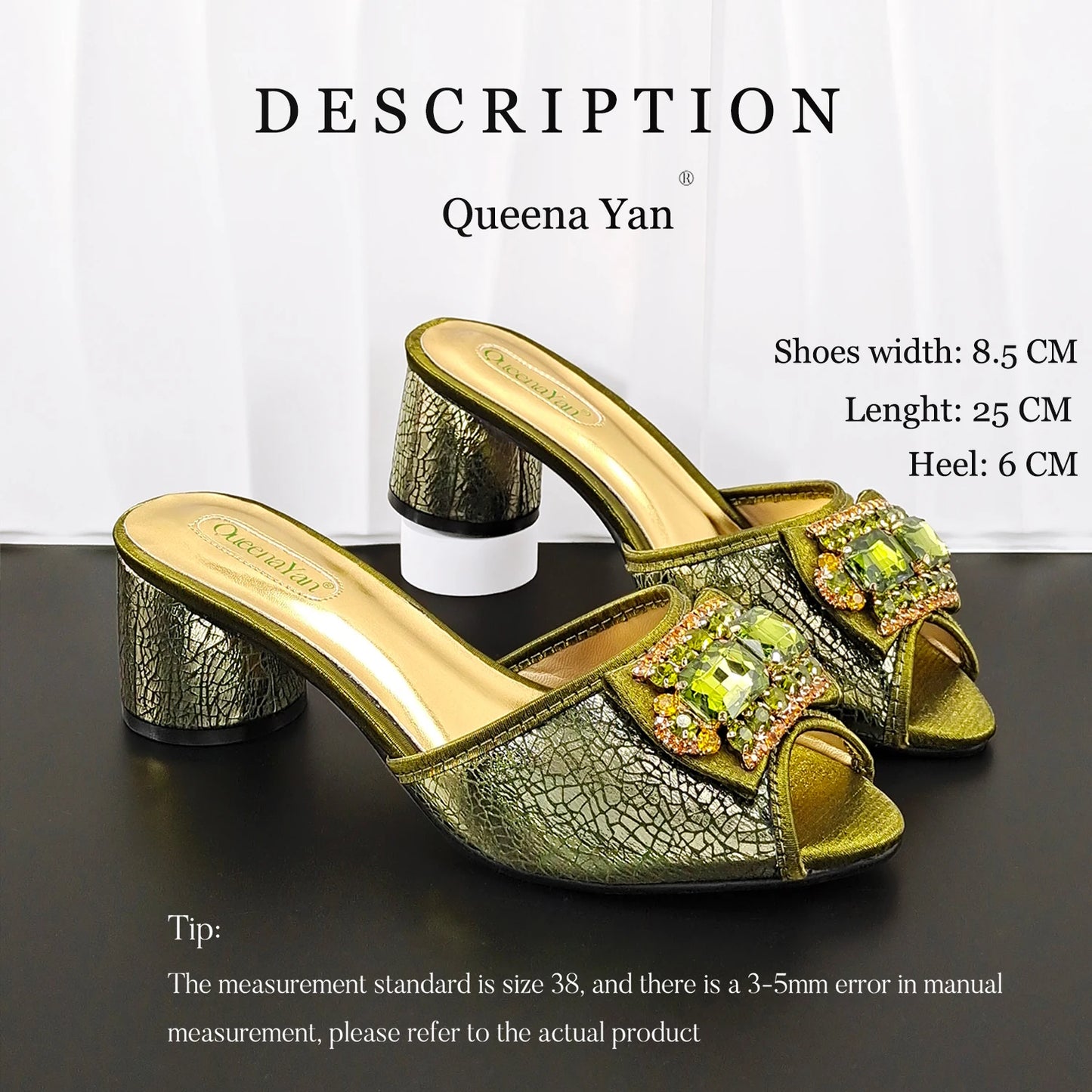 Newest Italian Design Fashion Comfortable Olive Color Peep Toe Party Wedding or Work Women's High Heels with Diamond Oval Bag