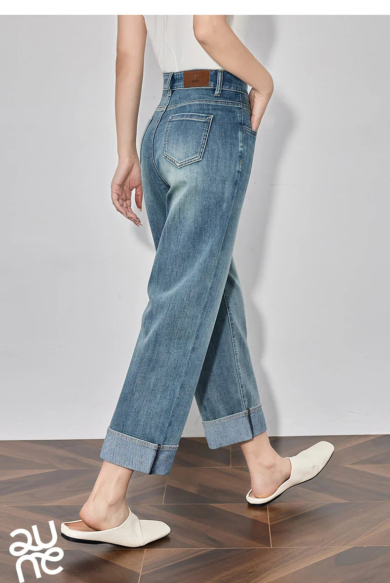 Women Denim Jeans 2025 Spring New Straight Wide Leg Rolling Up Ankle Length Cropped Pants