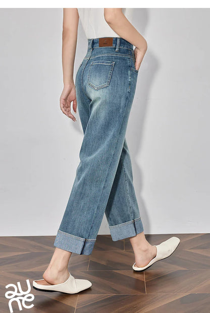 Women Denim Jeans 2025 Spring New Straight Wide Leg Rolling Up Ankle Length Cropped Pants