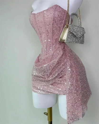 Sansa Customized Shiny Sequins Strapless Mini Prom Dresses Zip Pink Beaded فساتين سهرة Pleats Sleeveless Colum Party Dresses