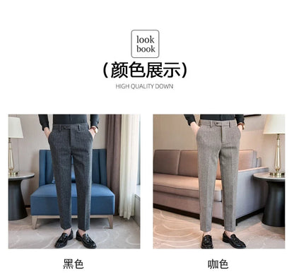 2025 Autumn Winter New Stripe Woolen Cloth Suit Pants Men Thick Warm Fashion Business Casual Male Straight Formal Trousers