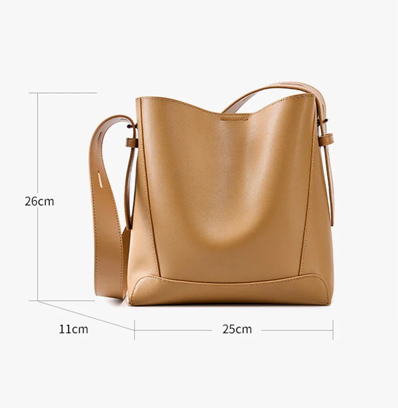 Ladies' Split Leather Bucket Shoulder Bags Female Commute Shopping Messenger Bags Adjustable Shoulder Strap Women Casual Handbag
