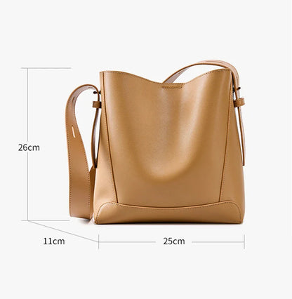 Ladies' Split Leather Bucket Shoulder Bags Female Commute Shopping Messenger Bags Adjustable Shoulder Strap Women Casual Handbag
