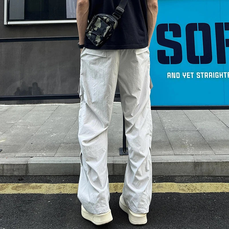 New High Street Pants Mens Casual Straight Trousers Wrinkled Trendy Streetwear Summer Lightweight Essentials Couple Cool Pants