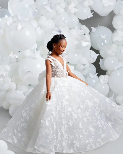 White Flower Girl Dresses for Wedding Butterfly Appliques Pearl Floor Length Girl Kids Birthday Party First Holy Communion Gown