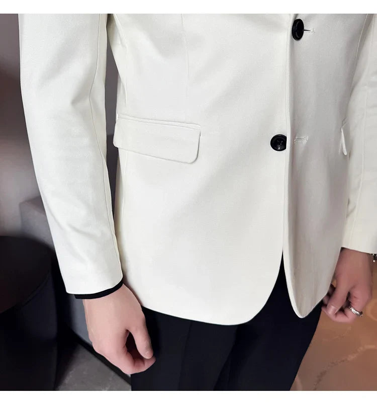 New Blazer Cowhide Velvet Korean Version Business Slim Fit Suit Stand Collar Fashionable Casual Suit Jacket Men Formal Clothing