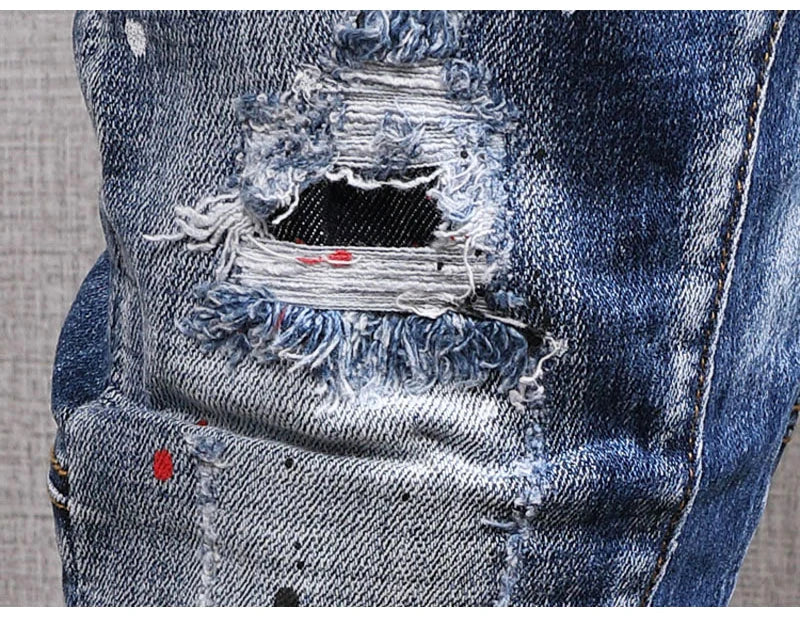 Fashion Streetwear Men Jeans Retro Black Blue Elastic Slim Fit Ripped Jeans Men Spliced Designer Embroidery Hip Hop Denim Pants
