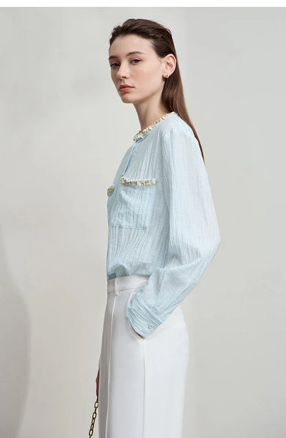 Women's Shirt 2025 Autumn New Elegant Versatile Women's Blouse Pockets O-Neck Loose Long Sleeves Casual Ladies Tops12543146