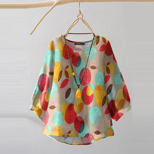 Vintage Polka Dot Blouse Fashion Summer 3/4 Sleeve Tops 2025 New Irregular Hem Round Neck Shirt Chic Holiday Colorful TOP