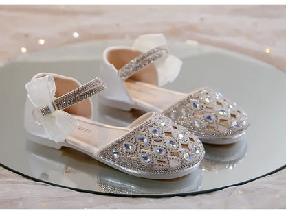 Girls Sandals Shiny Crystal Ins Trendy 2025 Summer New Kids Princess Shoes Mesh Lace Bows Girls Dance Shoes Elegant Hollowed-out