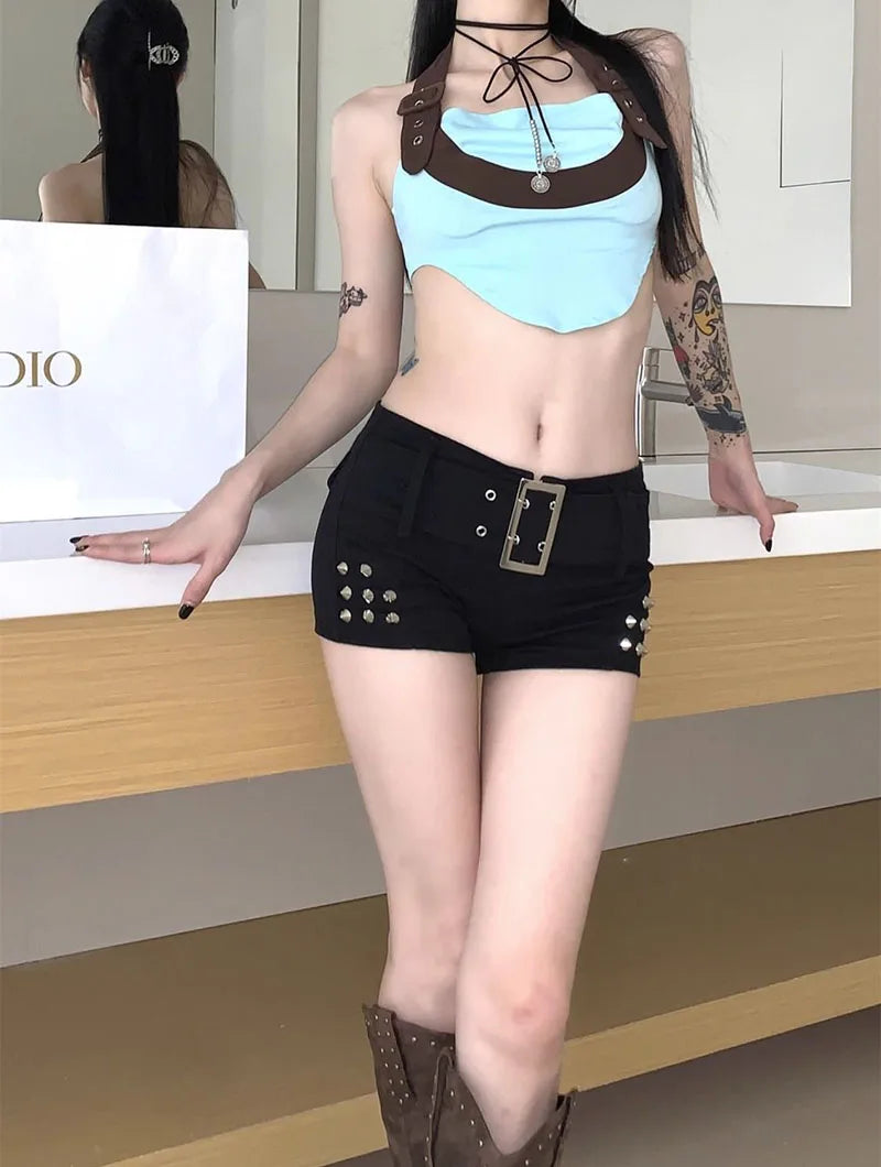 Black Sexy Hot Girl Low-Waisted Jean Shorts Woman American Retro Elastic Slim Ultrashort Jeans Gothic Y2K Rivet Denim Shorts